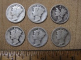 Lot of 6 Silver Mercury Dimes: 1923; 1924 (5); 13.8 g
