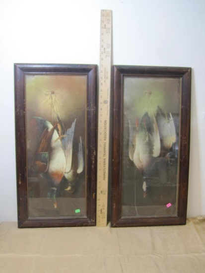 Two Vintage Oil Pastel Hanging Pheasant Framed Art Pieces, each 27x13 inches