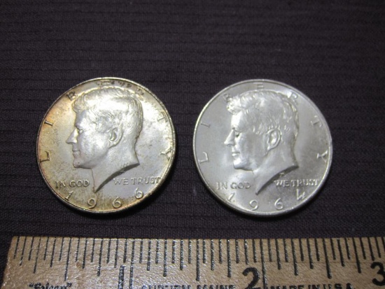 Lot of 2 JFK Half Dollars: 1964 (Silver) and 1966, 12.3 g