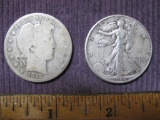 One 1912-D Barber Silver Half Dollar and one 1944 Silver Walking Liberty Half Dollar, 24 g