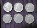 Lot of 6 Silver Roosevelt dimes: 1952D; 1960; 1961; 1963D; 1964(2), 14.8 g
