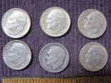 Lot of 6 Roosevelt Silver Dimes: 1951; 1962; 1964D; 1964 (3), 15 g