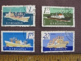 Lot of 4 canceled Romania postage stamps with artistic renderings of the freighter Arad, the tug N.