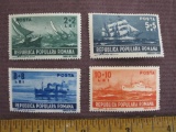 Lot of 4 1948 Romania postage stamps featuring sailboats, the Danube ferry, SS Transylvania,School