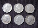 Lot of 6 Roosevelt Silver Dimes: 1962D; 1963; 1964D; 1964 (2), 14.8 g