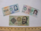 Three 1970s Peruvian Paper Currency Notes including Cien (100) Soles de Oro, Quinientos (500) Soles