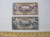 Two 1928 El Banco Central De Bolivia Paper Currency Notes including Cincuenta (50) Bolivianos and