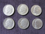 Lot of 6 Roosevelt Silver Dimes: 1954; 1961; 1964D; 1964 (3), 14.7 g