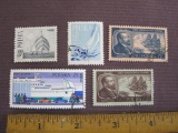 Lot of 5 vintage Poland postage stamps, including 2 canceled 1957 stamps commemorating the centenary