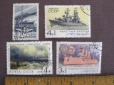 Lot of 4 canceled vintage Russia postage stamps, including a 1967 stamp featuring the painting 