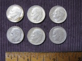 Six Silver Roosevelt dimes: 1954; 1957; 1960-D; 1963; 1964 (2), 14.7 g