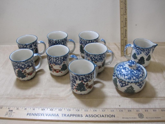 Folk Craft Cabin in the Snow by Tienshan, 7 mugs with Creamer and Lidded Sugar Bowl