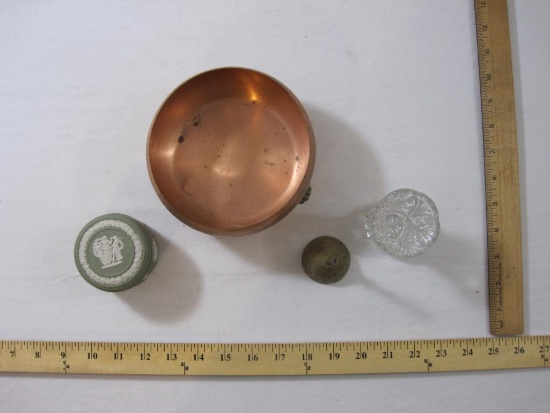 Lot of Assorted Collectibles including Wedgwood Ceramic Trinket Box, copper footed bowl, brass bell