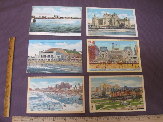 Six vintage (1917 through 1940s) Atlantic City postcards, including the Convention Hall, Boardwalk