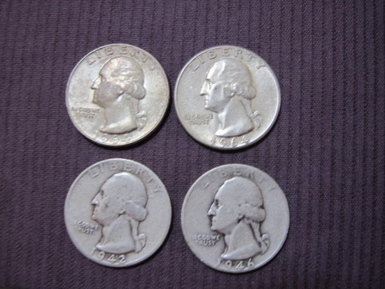 Four Silver US Quarters: 1942; 1946; 2 1964 24.6 g