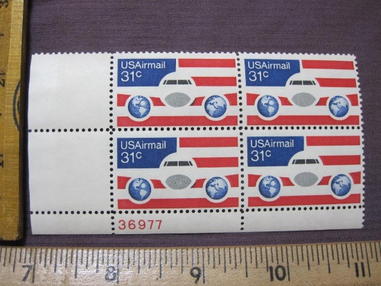 Block of 4 1976 31 cent Jet Plane US Airmail stamp, #C90