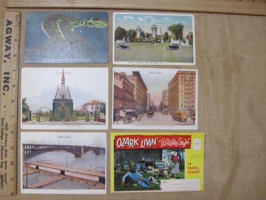 Lot includes 4 vintage postcards of St. Louis, Mo., an "Ozark Livin' 'Hillbilly Style" postcards