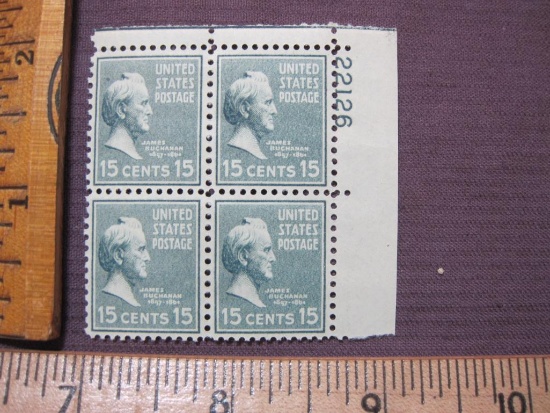 Block of 4 1938 15 cent James Buchanan US postage stamps, #820