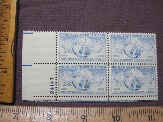 Block of 4 1949 15 cent Globe & Doves US Airmail stamps, #C43