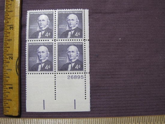 Block of 4 1961 4 cent Horace Greeley US postage stamps, #1177