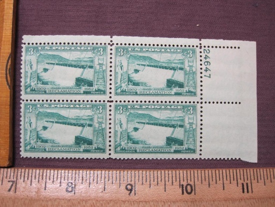 Block of 4 3 cent Grand Coulee Dam US postage stamps, #1009