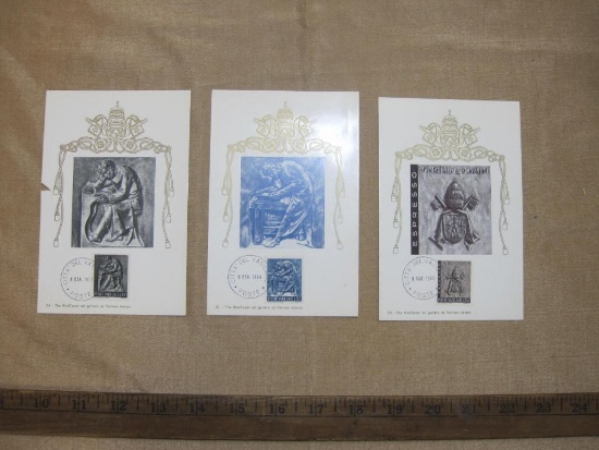 Three Vatican postage stamps, each mounted on a cardboard sheet with the postmark March 8 1966.