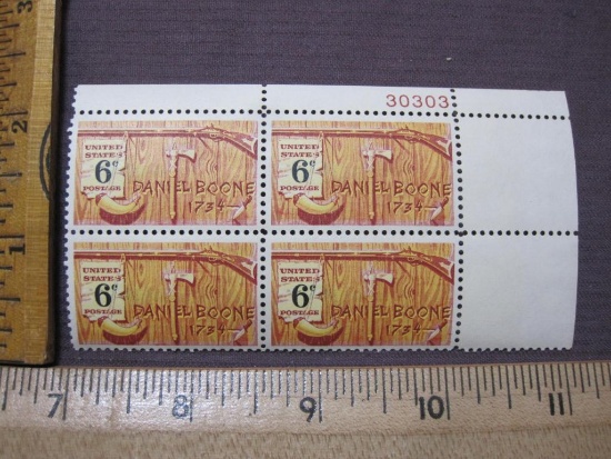 Block of 4 6 cent Daniel Boone 1734 US postage stamps, #1357