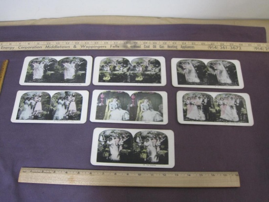 Seven stereograph photo cards, six of them depicting a wedding