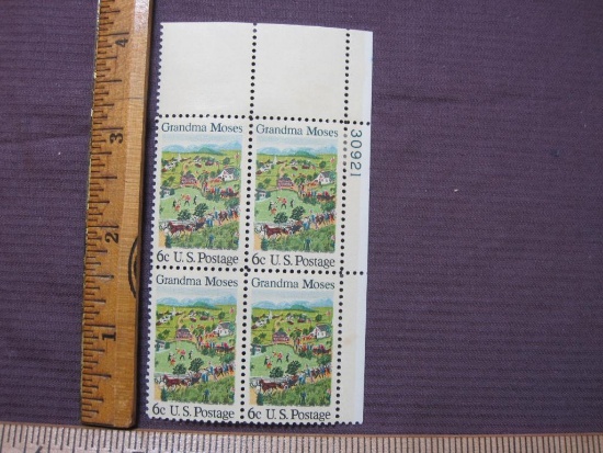 Block of 4 6 cent Grandma Moses US postage stamps, #1370