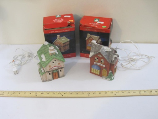 Two Americana Collectibles Illuminated Hand Painted Porcelain Christmas Houses, Toy Store and