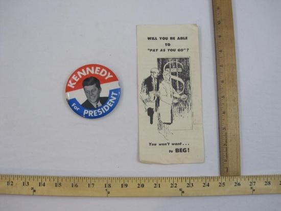 Two John F Kennedy JFK Items including Kennedy for President Pin-Back Button and Campaign Brochure