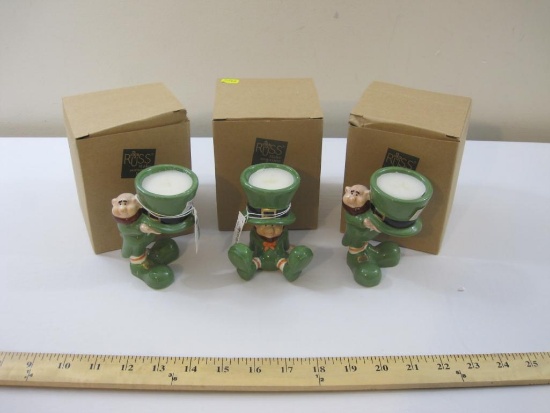 Three RUSS Ceramic Leprechaun Candle Holders, new in box, 1 lb 6 oz
