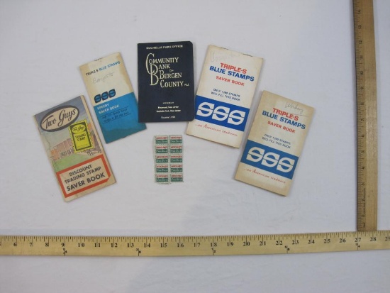 Lot of Vintage Green and Blue Stamps with Saver Books and Community Bank of Bergen County NJ Record