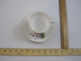 Vintage Royal Sutherland Fine Bone China Tea Cup and Saucer, gold rimmed with purple flowers, 10 oz