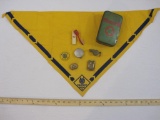 Vintage Boy Scouts of America Items including Official First Aid Tin, Cub Scouts Scarf, compass,