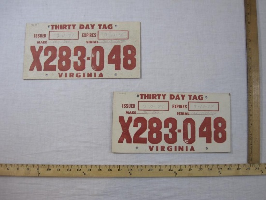 Pair of Virginia Thirty Day Tags 1977, cardboard, 4 oz