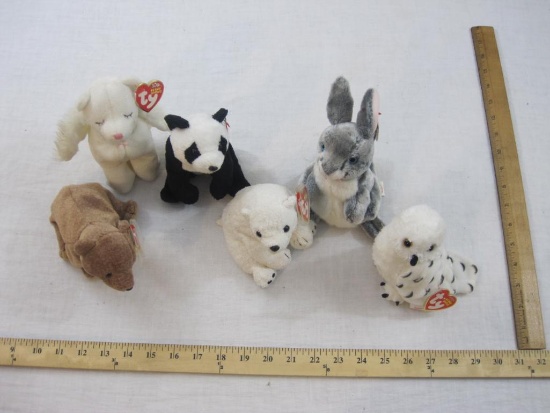 Lot of 6 TY Beanie Babies including Pecan, Hopper, Summit, China, Aurora, and Blessed, all tags