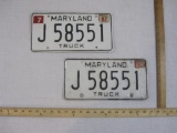 Pair of Matching Metal Maryland Truck License Plates from 1986/87, 14 oz
