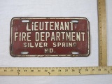 Vintage Lieutenant Fire Department Silver Spring MD Metal Specialty License Plate, 8 oz
