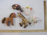 Lot of 5 TY Beanie Babies including Goochy, Jollu, Eggbert, Saddle 2.0 and Jumpshot, all tags