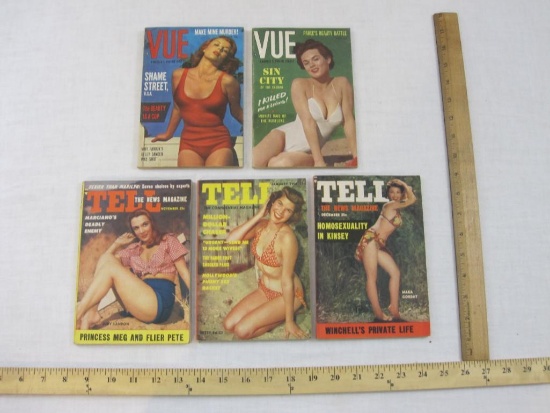 Five 1950s Pin-Up Magazines including Vue and Tell, 1 lb 2 oz