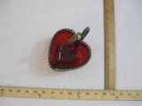 Vintage Heart-Shaped Cranberry Glass and Silver Plate Sugar-Cube Bowl and Tongs, marked England, 1