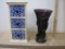 Purple Art Glass Vase with Green Stem, and Tall Trinket Box, wood with Ceramic Drawers