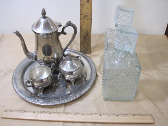 Lot of 2 Glass Decanters, and Silver Plate Tea Set