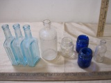 Lot of 8 Vintage Pharmaceutical Bottles, including Listerine, Castoria and Small Blue Cold Cream