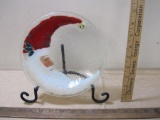 Peggy Karr Santa Glass Plate with Display Stand and Original Box