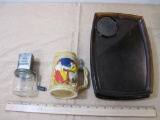 Vintage serving trays, Beer stein, and Nut grinder