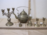 Ornate Brass Teapot with Small Candelabra and Candle Holders