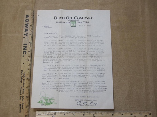Deyo Oil Company Motorist Letter for Motor Oil 1928