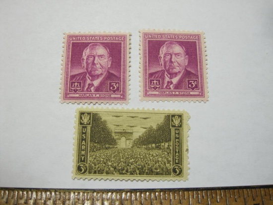 Lot of 3 uncanceled three cent US postage stamps: one 1945 US Army at the Arc de Triomphe (Scott